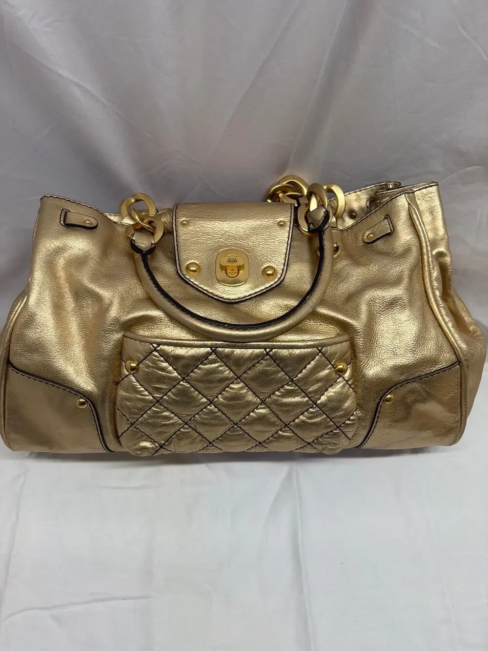 Vintage Y2K Juicy Couture Metallic Gold Leather Turnlock Satchel Bag
